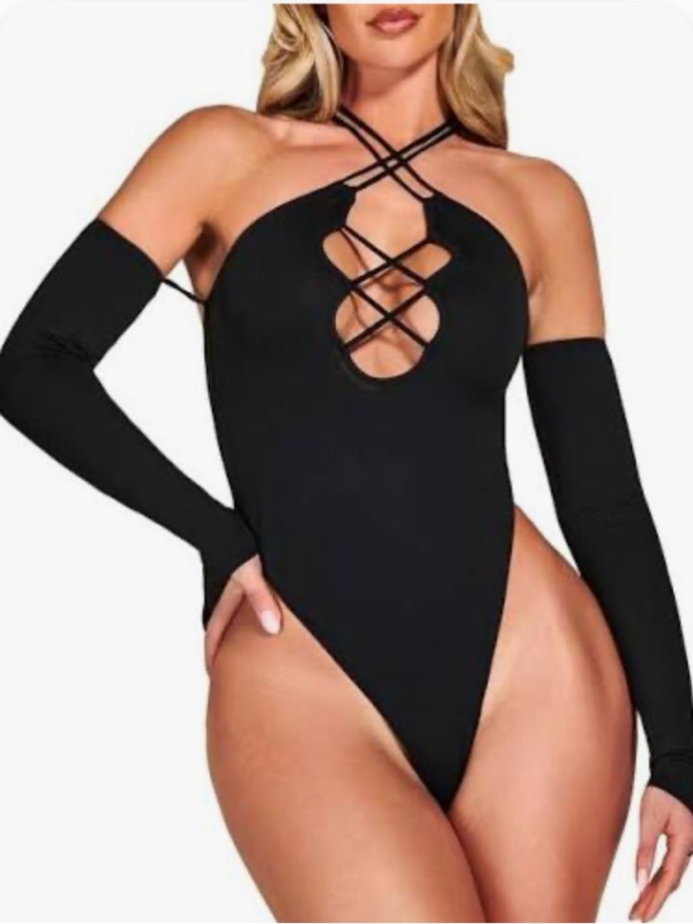 Wdirara Crisscross Party body Suit Strappy Black Large NWT/NIOP